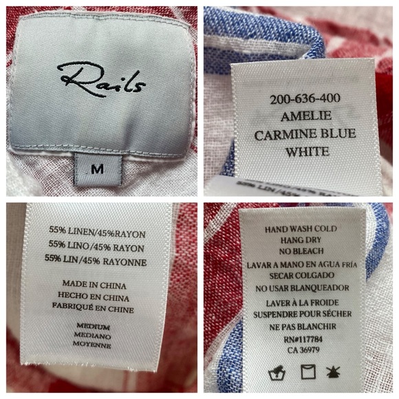 Rails Amelie Carmine Linen Blend Tie Front Shirt in Blue White Red - Picture 11 of 11